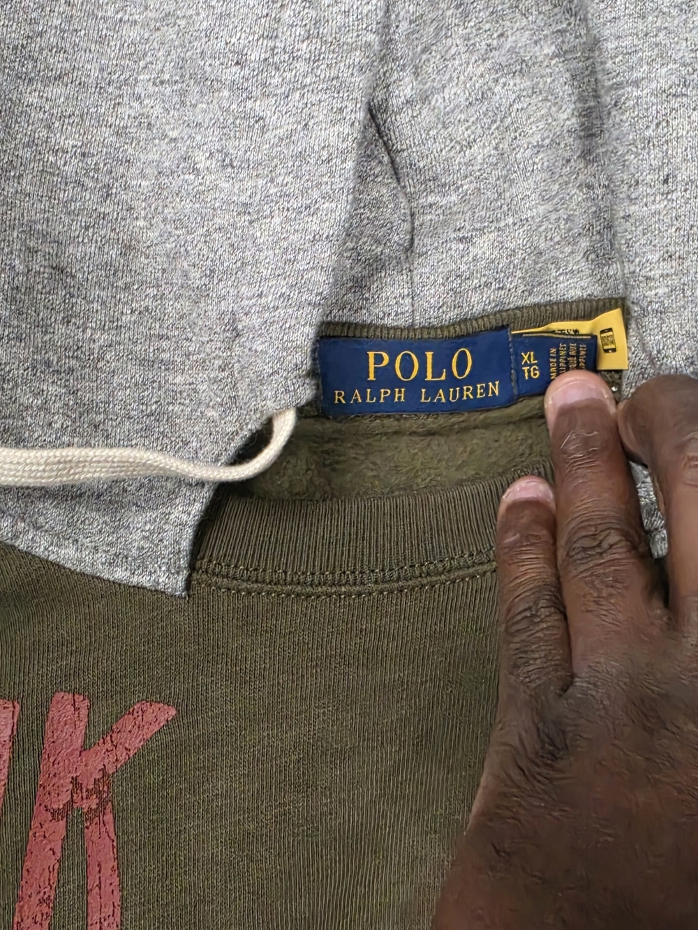 Mowhawk Lake Ralph Lauren Olive Hoodie with Gray Hood and Red Graphic - Picture 2 of 5